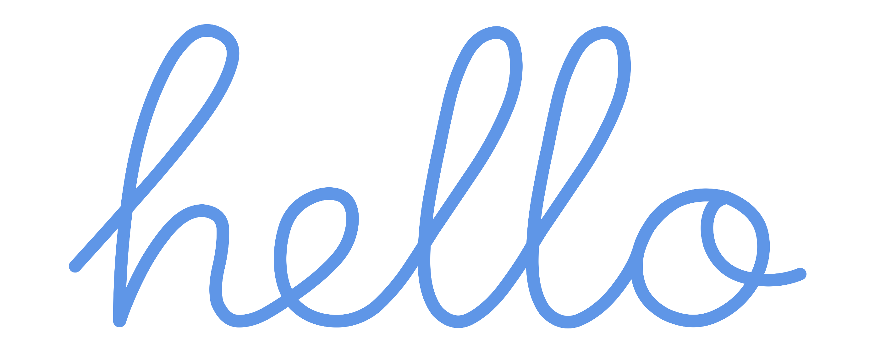 A cursive hello drawn with a single blue stroke.